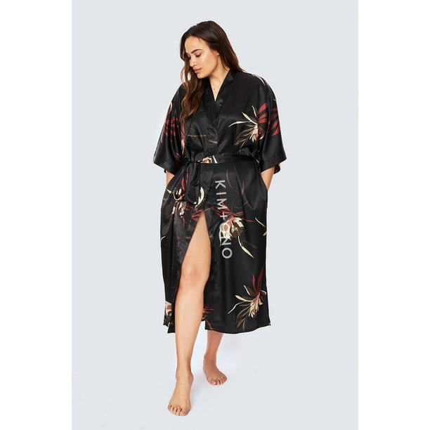 abstrakt ekspedition Efterforskning KIM+ONO Plus Size Long Kimonos Satin Robe for Women, Silk Robe, Womens  Kimono Robes, Plus Size Japanese Robe - Floral - Hana - Black - Walmart.com