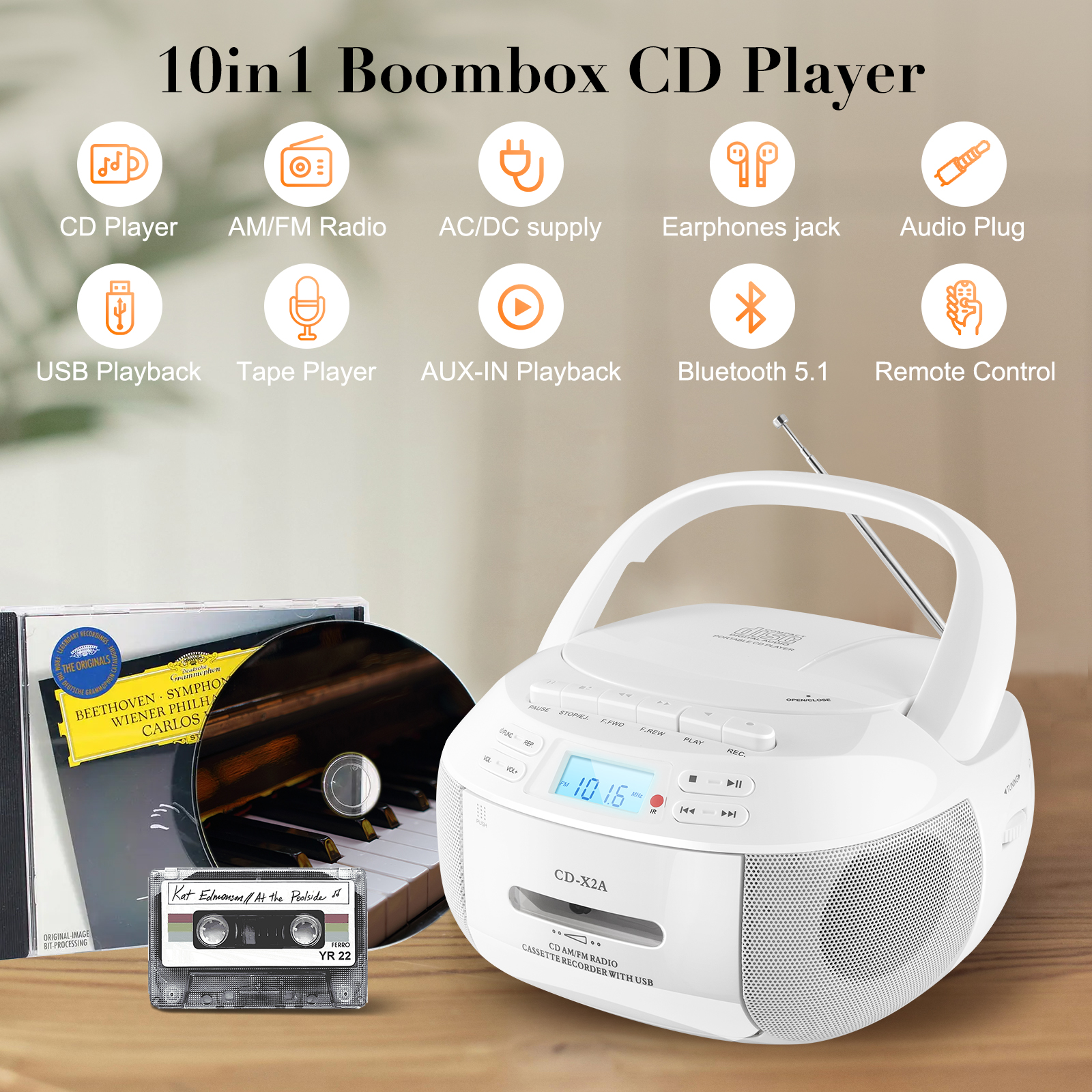 Sun & Moon Boombox With CD, Cassette, Radio & Bluetooth photo 2
