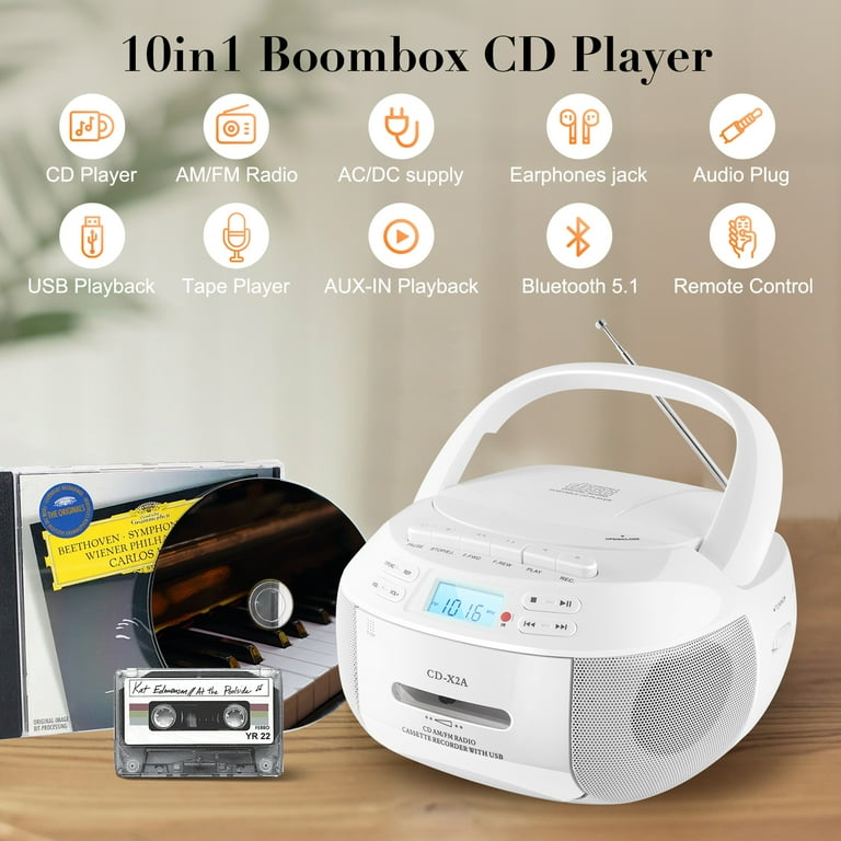 aiwa - Reproductor de CD retro Boombox con grabación de cassette, Bluetooth 5.0, radio FM/AM