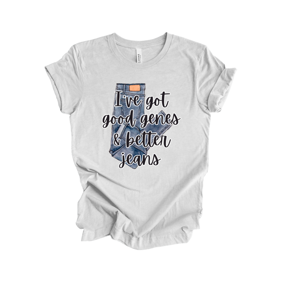 Trenz Shirt Company Womens Graphic T-Shirt - I've Got Good Genes & Better Jeans, Denim Jeans Ad Design-Ash-large