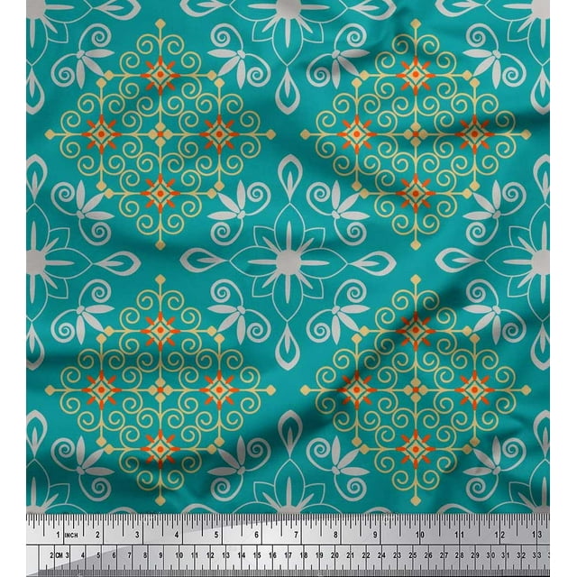 Soimoi Modal Satin Fabric Filigree Damask Print Fabric by the Yard 42 Inch Wide