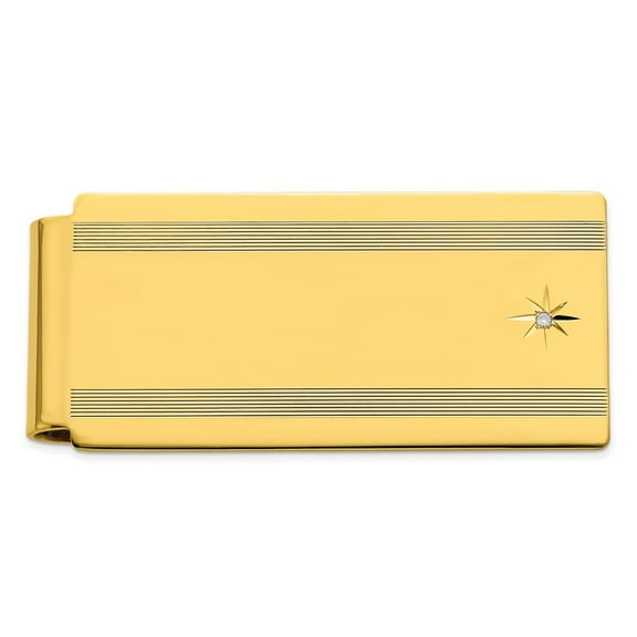 Gold Plated Solid Polished and satin Engravable (front only) Star Cut .001ct Diamond Hinged Money Clip Measures 50x25mm