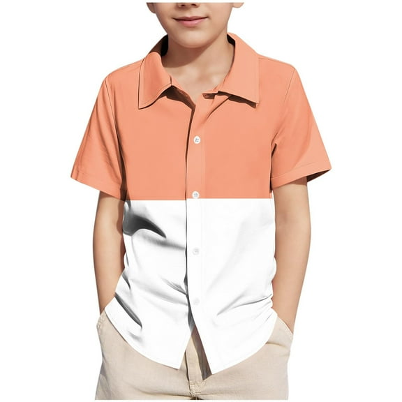 Diufon Boys Shirts Button Down Short Sleeve Shirt Color Block Kids Summer Casual Beach Shirts 5-15 Years