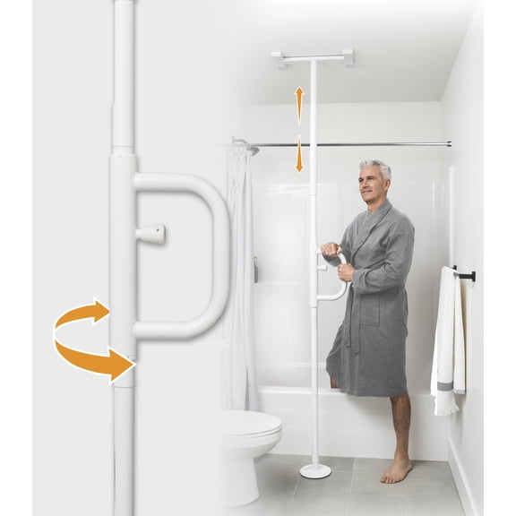 Stander Wonder Pole with Rotating Single Grab Bar, Tension Mounted Floor to Ceiling Transfer Pole for Seniors & Elderly Adults, No-Drill Support Rail with Assist Handle for Home & Bath Safety, White