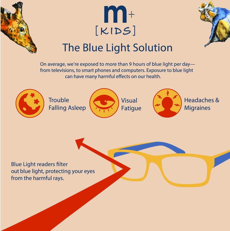 M+ Plano Blue Light Lens Injection Kids Unisex Frames, Felix, Black, 41.0-20.5-129, with Case
