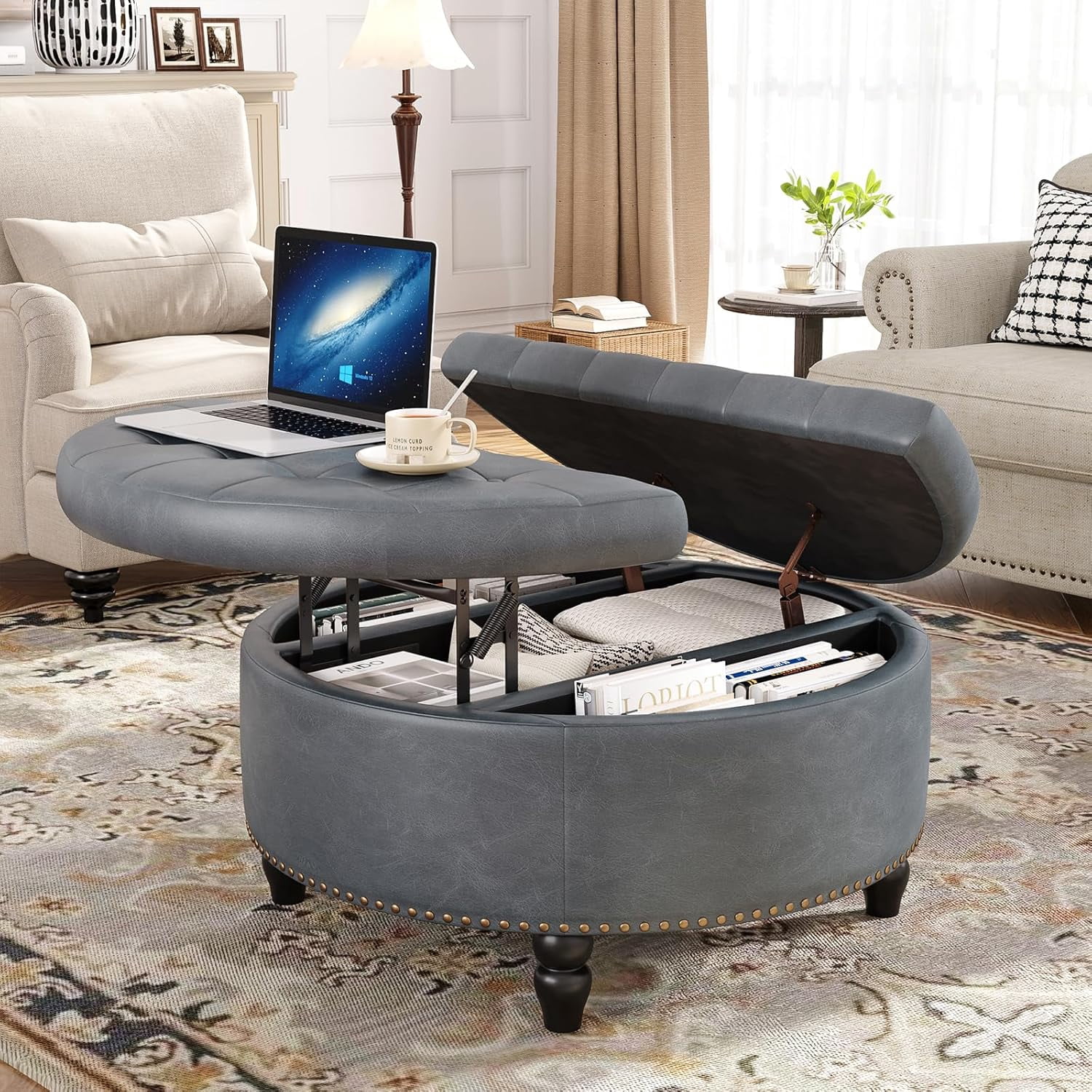30 Inch Large Round Ottoman with Storage, Modern Leather Ottoman Coffee Table with Lift Top, Upholstered Button Tufted Footrest Stool Toy Blanket Storage for Living Room, Gray