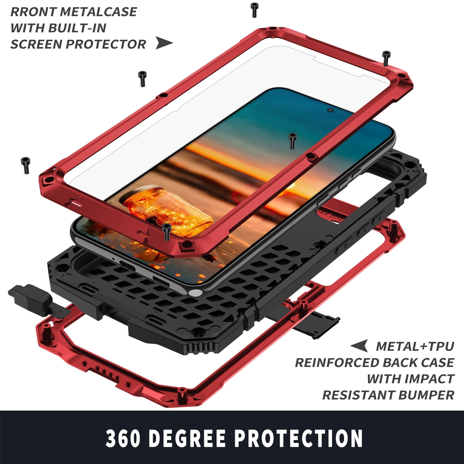 ELEHOLD for Samsung Galaxy S23 Plus 6.6" Case, Heavy Duty Armor Built-in Explosion-Proof Tempered Glass Screen Protector Wireless Charging Hang Rope Hidden Kickstand Shockproof Rugged Case,Red