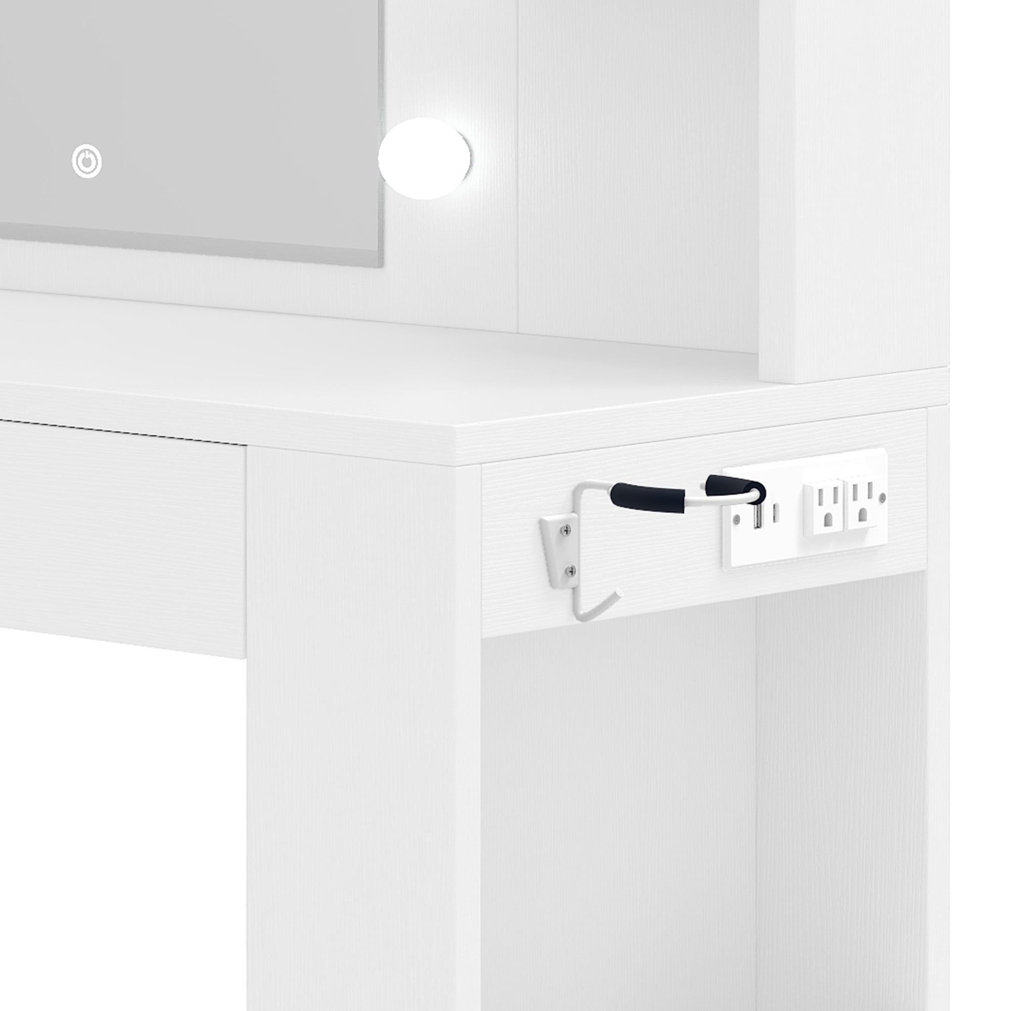 DEXTRUS 4 Drawers Vanity Table with Mirror, Power Outlet & 8 Shelves for Bedroom, White