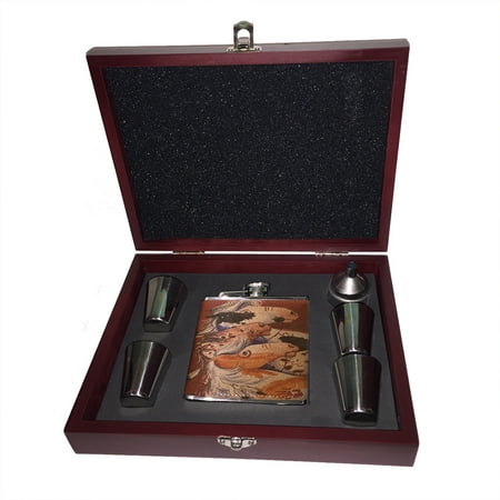 - KuzmarK 6 oz. Leather Flask Set in Rose Wood Presentation Box - Pinto and Appaloosa Indian War Ponies Horse Art by Denise Every
