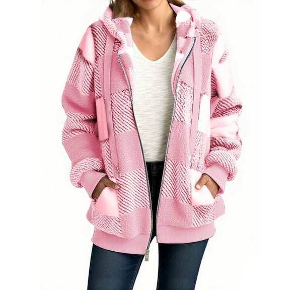 YUGYXL Women's Sherpa Plaid Hooded Coat, Winter Loose Casual Zip Up Fleece Warm Jacket Comfy Outerwear with Pockets Pink S