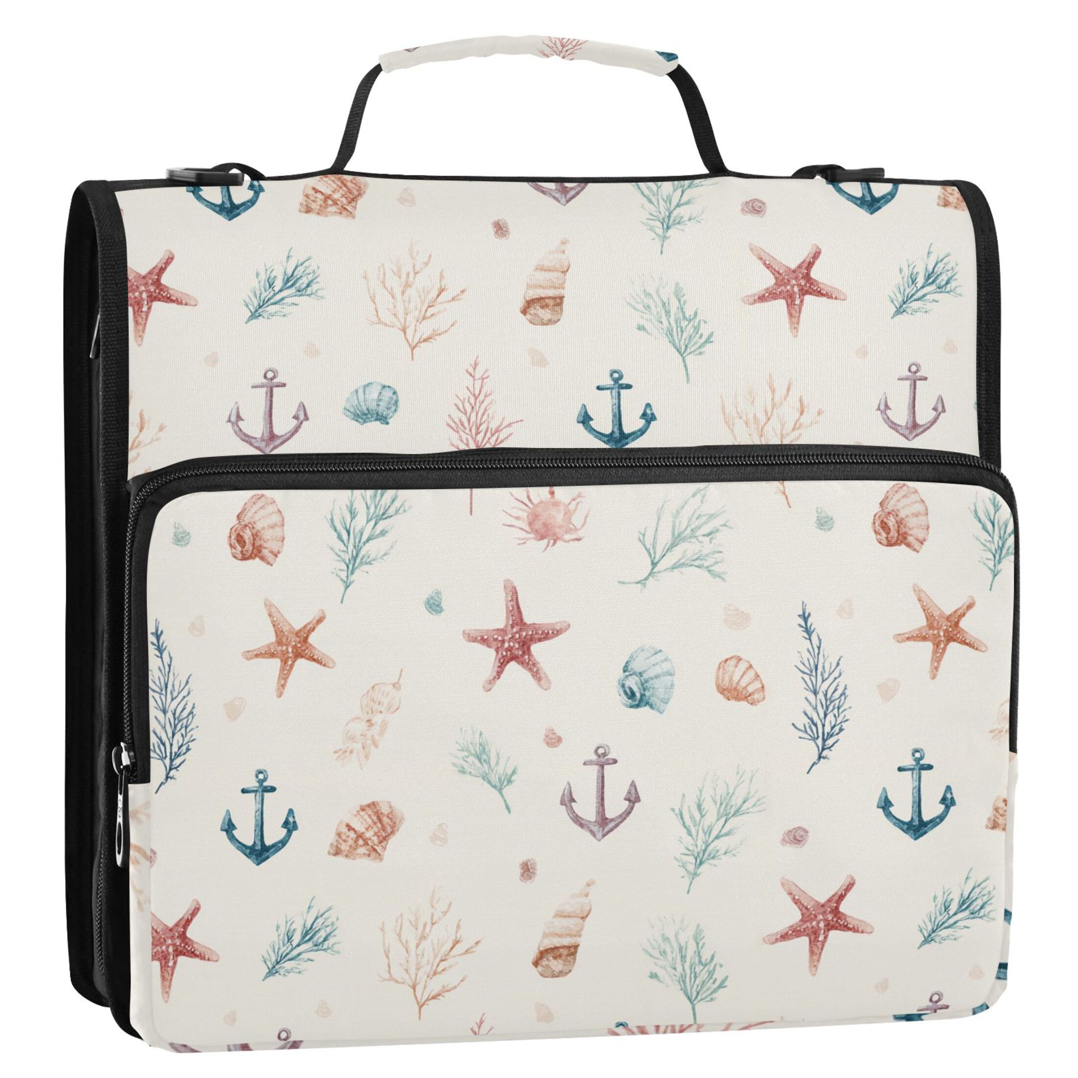 Zipper Binder Starfish Shell Anchor 1.5 Inch Binder Folder Bag with Shoulder Strap and Handle