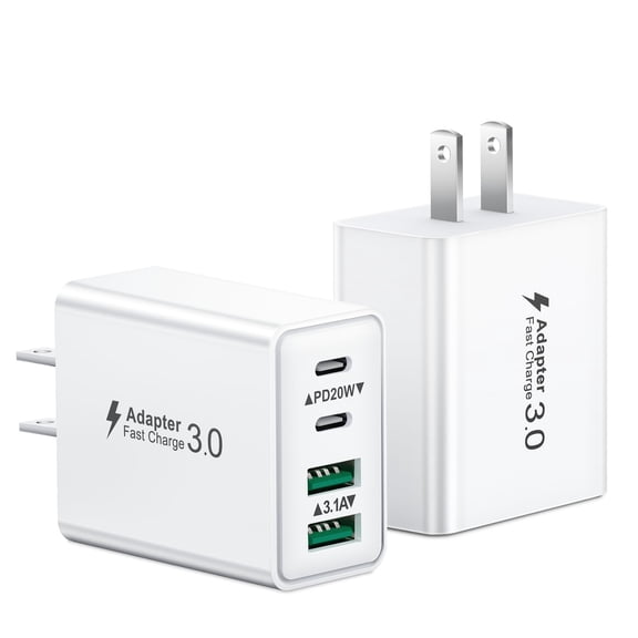 can 40w 4 port usb charger, dual usb c dual usb a charging block, 2 pack multi port wall charger, universal phone charger for iphone samsung, portable travel charger