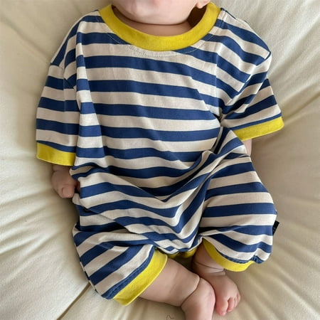 

nsendm Kids Baby Girls Boys Summe Striped Cotton Short Sleeve Romper Jumpsuit Clothes Teen Girls Athletic Pants Childrenscostume Blue 0-6 Months