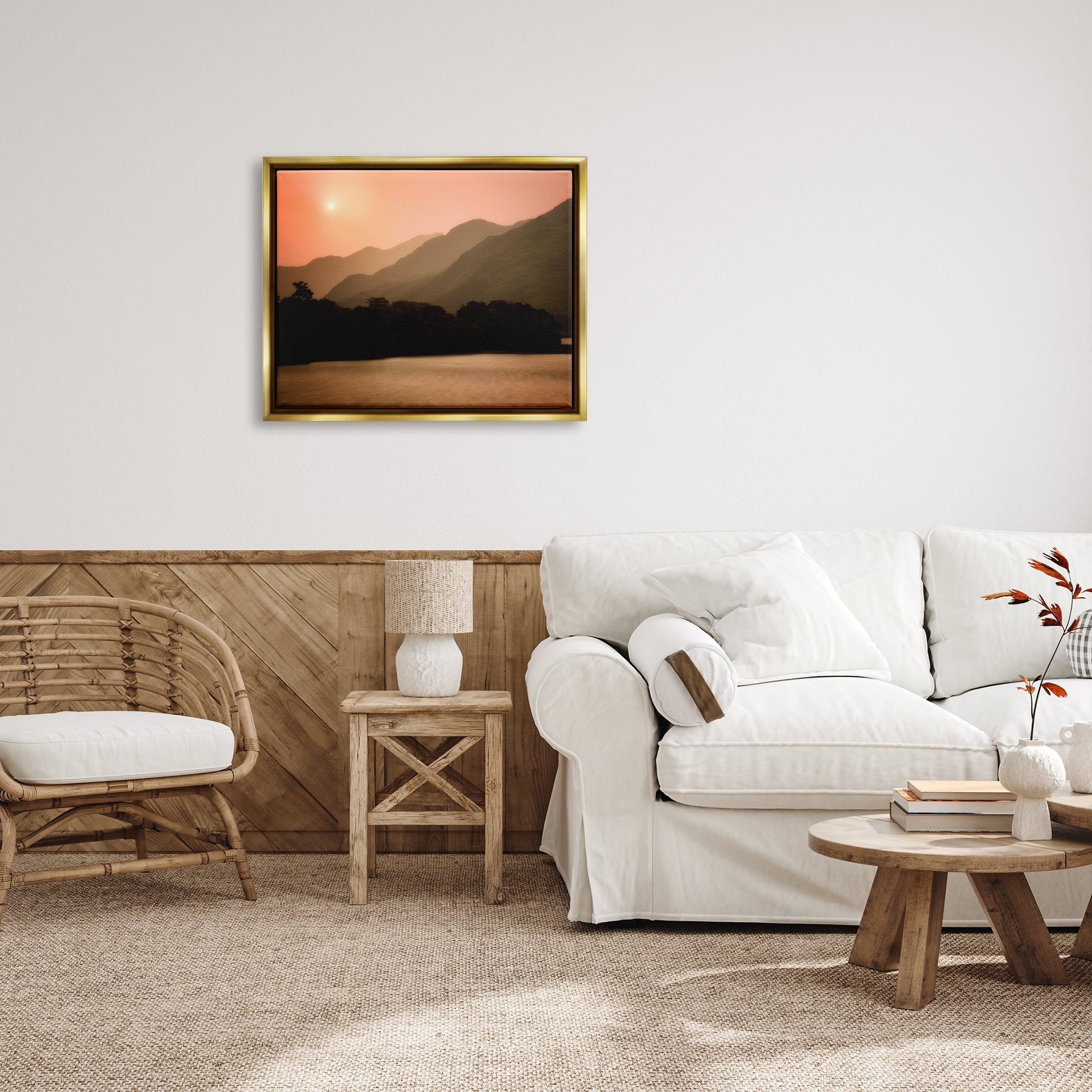 Stupell Industries Sunset over Mountain Peaks Nature Photography Gold Floater Framed Art Print Wall Art, 31 x 25