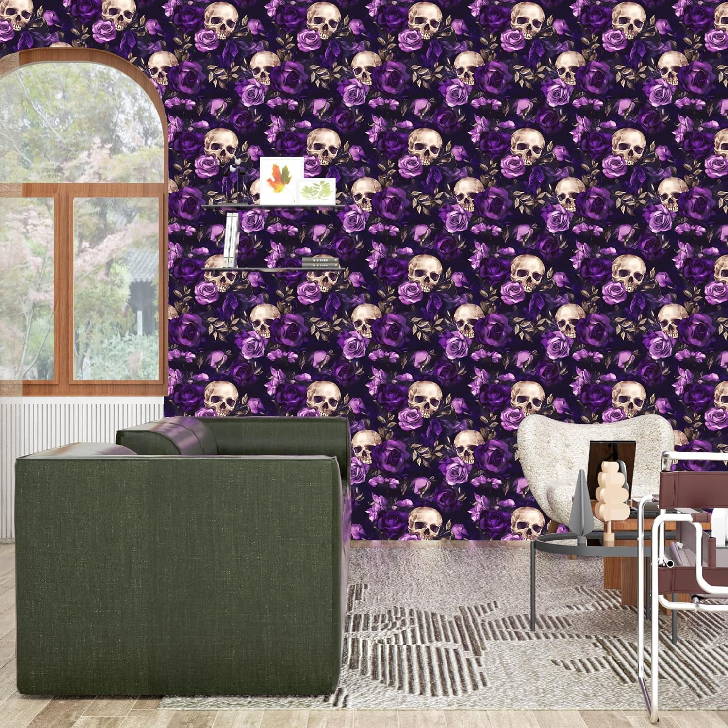 Black Floral Peel and Stick Wallpaper Vintage Boho Sugar Skull Contact Paper Gothic Flower Wall Mural Home Vinyl Waterproof Self Adhesive Removable Renter Friendly Wall Paper 17.5" x 118"