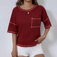 thumbnail image 5 of Women Waffle Knit Tops 2025 Summer Crew Neck Short Sleeve Shirts Casual Trendy Loose Fit Blouses Basic Tee (XL, Wine), 5 of 6