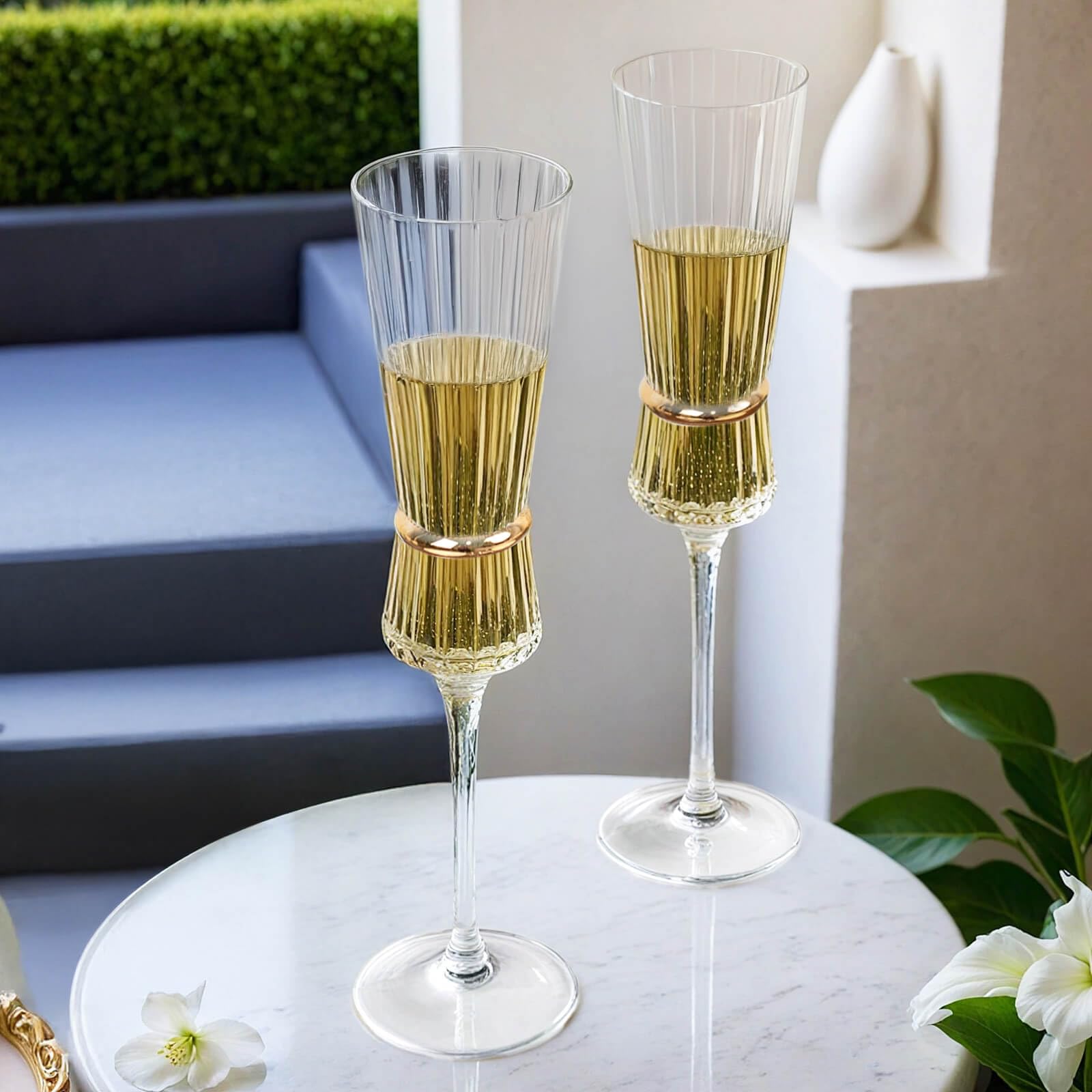 Efavormart 6-Pack Champagne Flutes – 6oz Real Glass, Clear Ribbed Stemware with Gold Ring Accent, Elegant Toasting Glasses for Weddings, Parties & Celebrations – 10" Tall