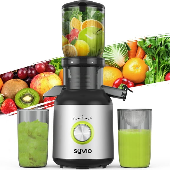 Syvio Cold Press Juicer, Juicer Machine with 4.3" Feed Chute, Slow Masticating Juicer for Fruits and Vegetables, Juice Maker with High Juice Yield, BPA-Free, Easy to Clean, Black Silver