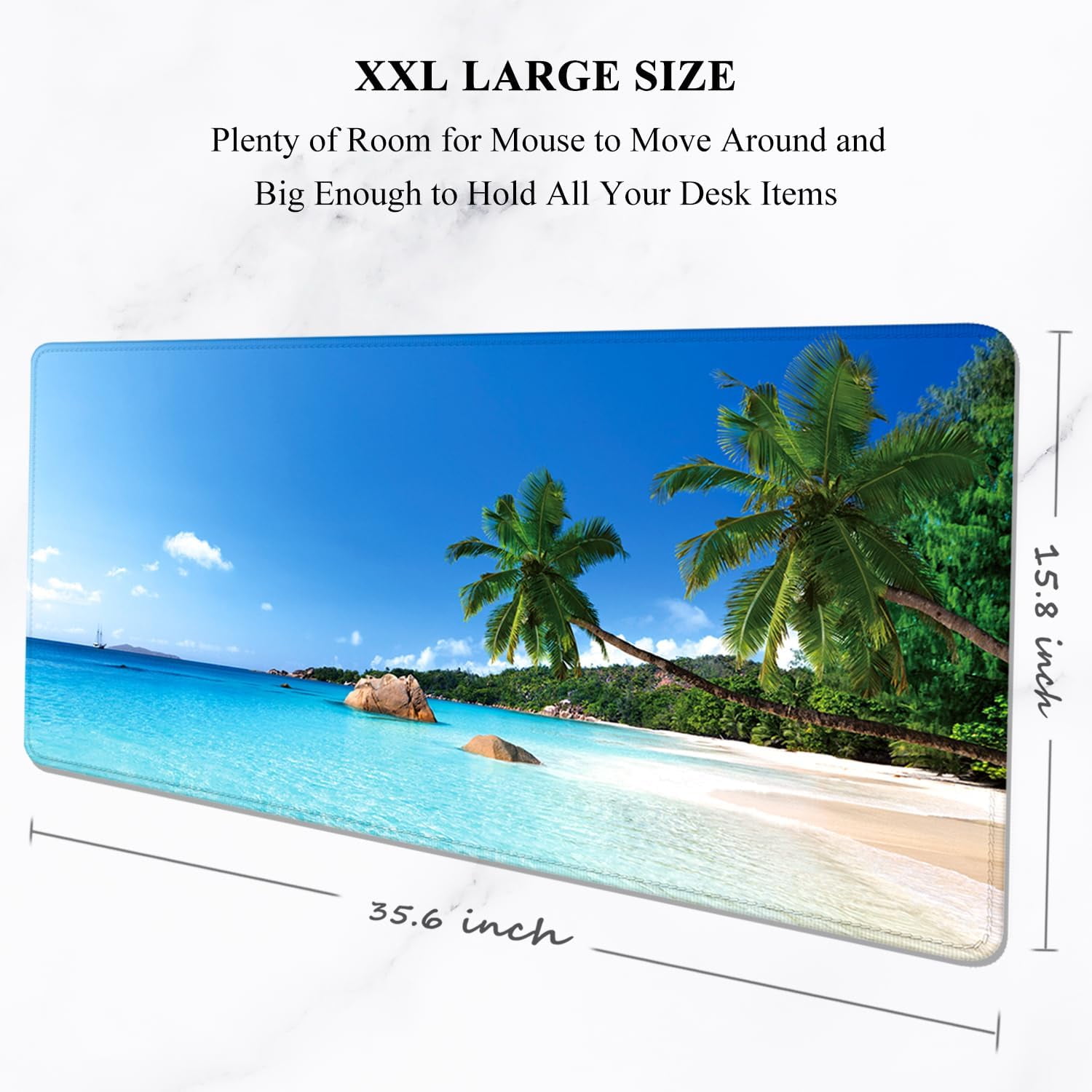 Large Mouse Pad, XXL Gaming Mousepad, Desk Mat for Desktop, Thick Rubber, Big & Long Size, Stitched Edges, Full Desk Pad for Laptop & Computer, Extended 35.4 x 15.7 in, Beach Coconut Trees