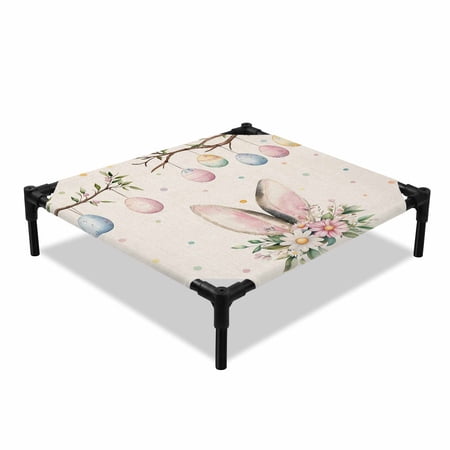 Easter Elevated Dog Bed Watercolor Pink Blue Egg Branch Spring Floral Bunny Ears Linen Texture Cooling Breathable Outdoor Raised Dog Cot Bed with Metal Frame Non-Slip Feet for Small Dog 20x20in