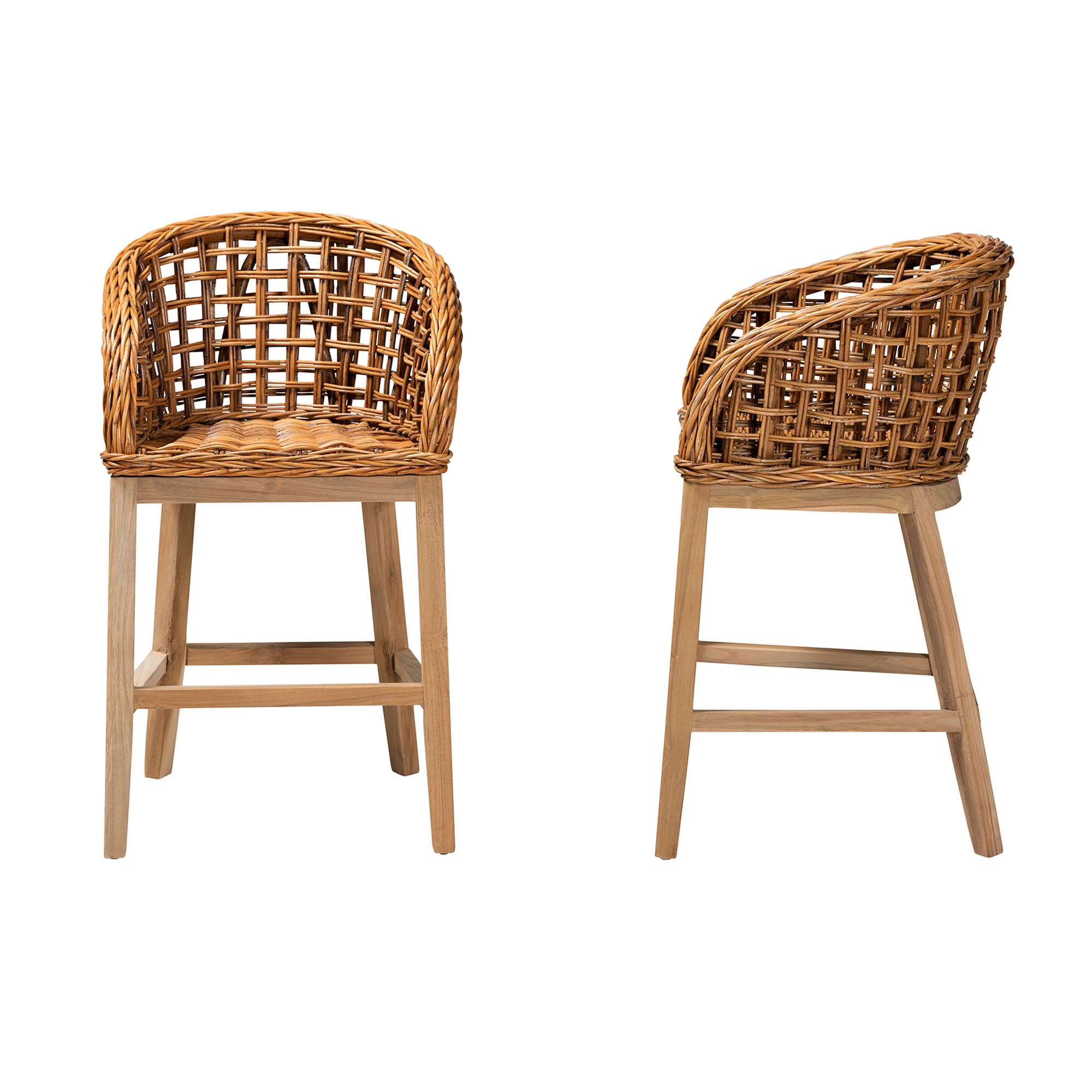 bali & pari Mario Modern BoHo Natural Brown Finished Teak Wood and Rattan 2-Piece Counter Stool Set