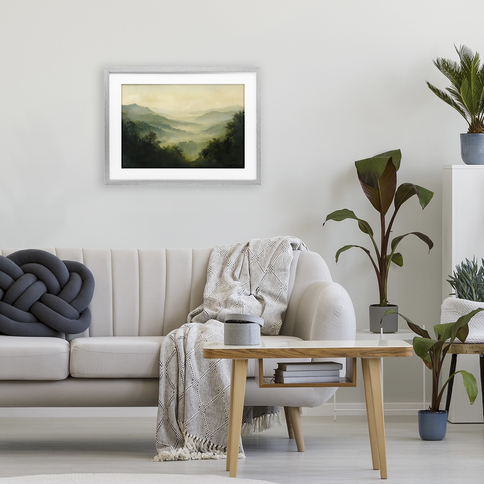 Through The Haze Landscape Gray Framed Print Under Glass, design by Petal Prints Design