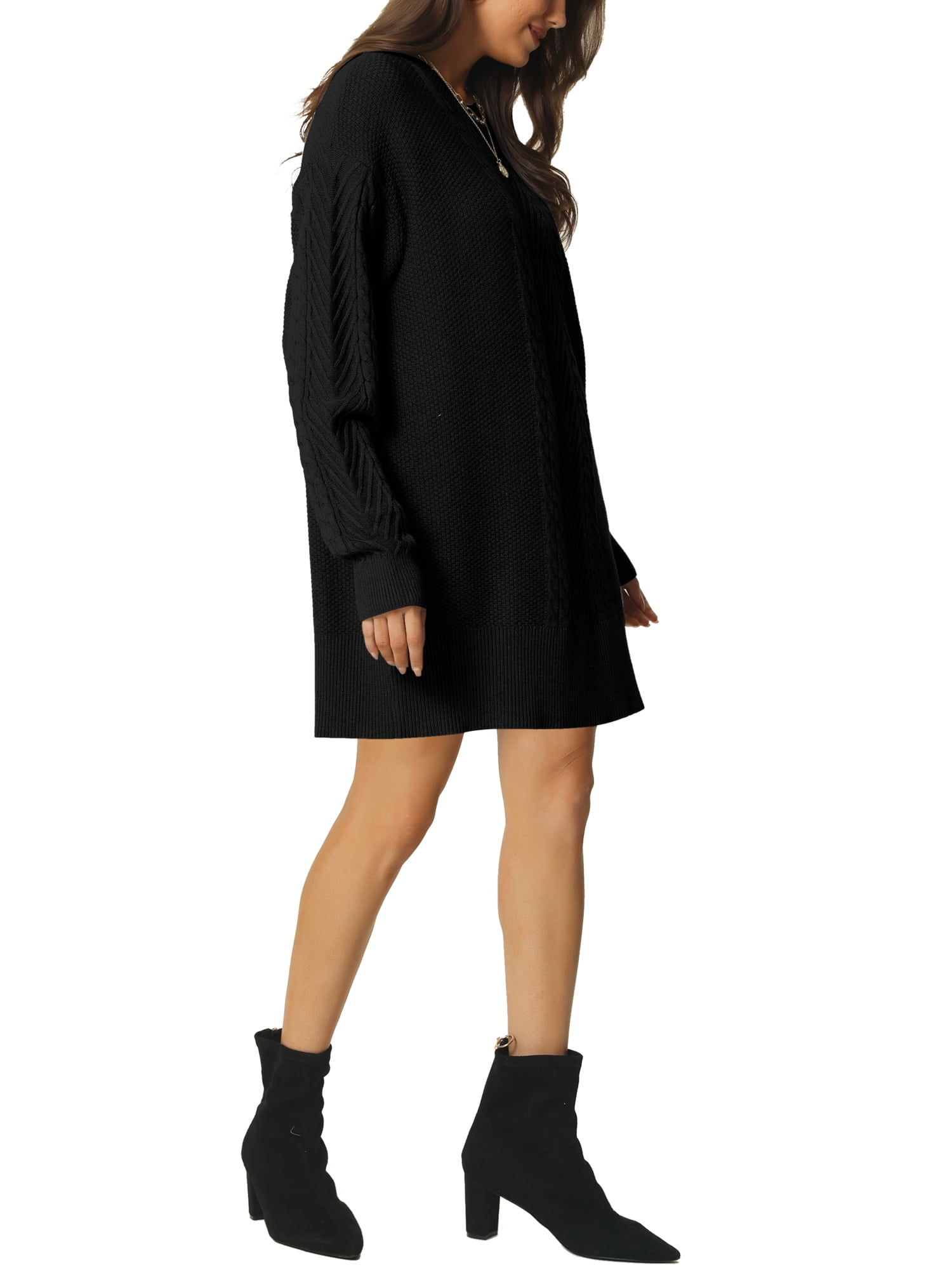 Unique Bargains Womens' Textured Long Sleeve Above Knee Casual Sweater Dress L Black