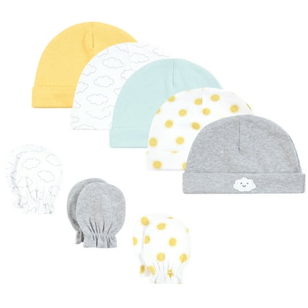 Hudson Baby Cotton Cap and Scratch Mitten Set, Sunshine And Clouds, 0-6 Months