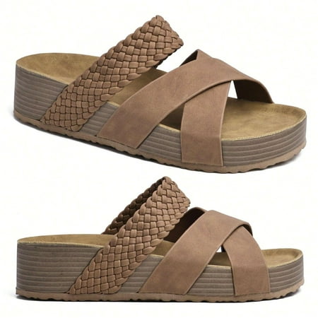 Women Thick Sole Woven Cross-Strap Solid Color Sandals – Beach & Casual Shoes