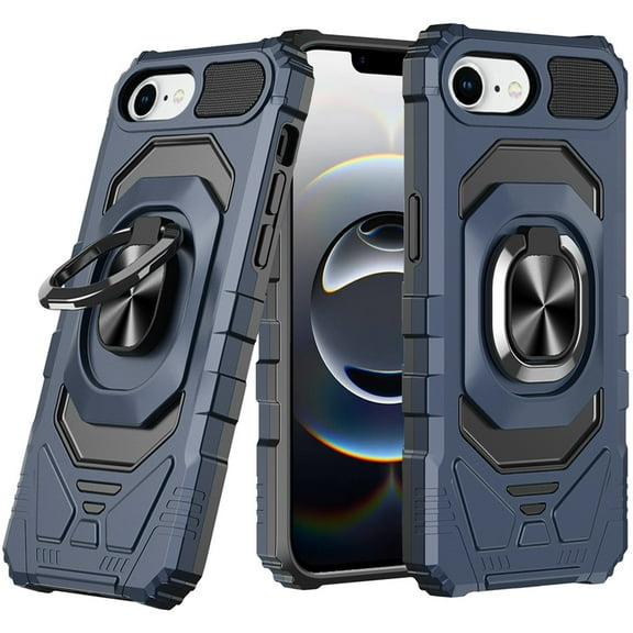 For iPhone 16E (E edition) / SE4 (2025) Robotic Hybrid with Magnetic Ring Stand Case Cover - Dark Blue
