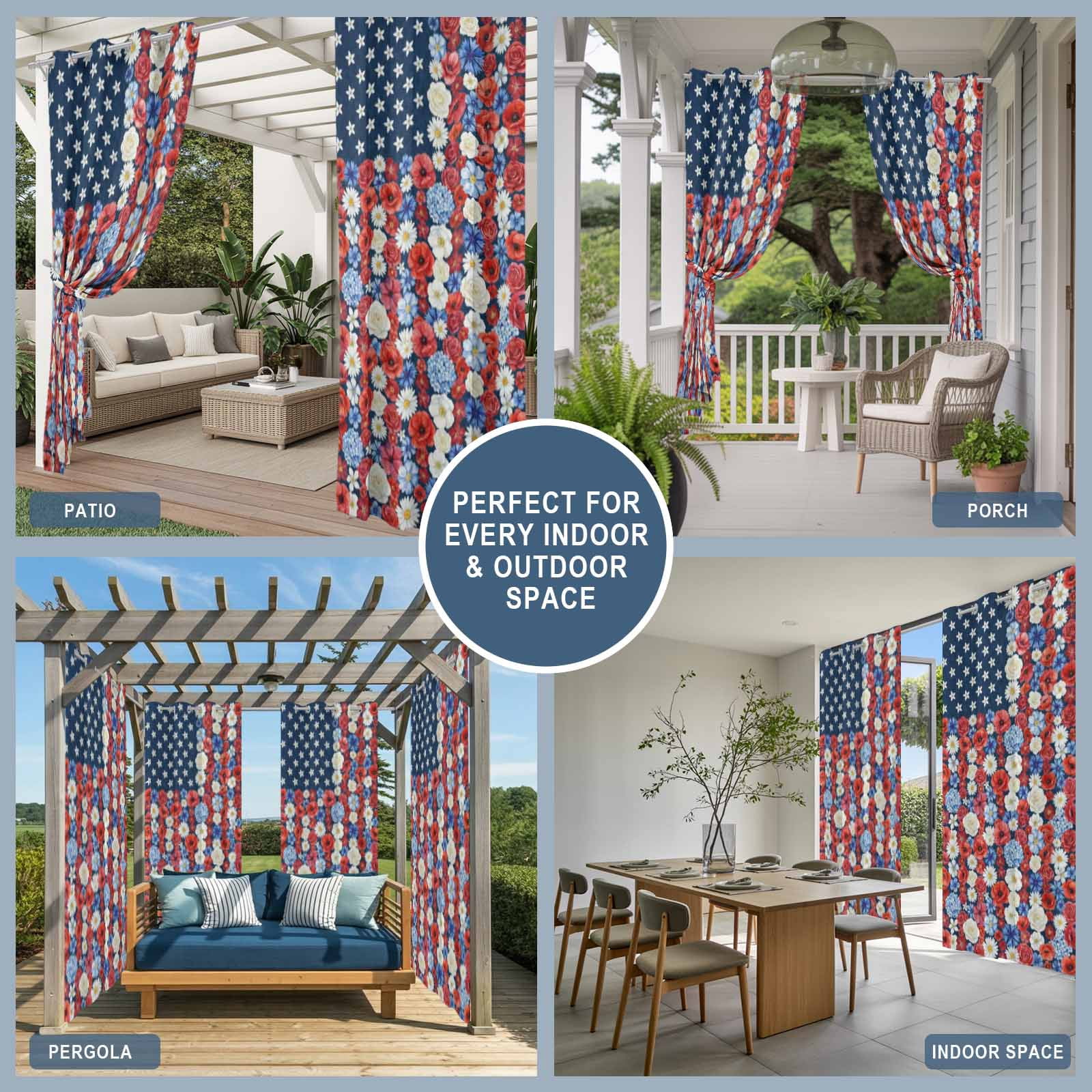 Independence Day Outdoor Curtains for Patio, Country U.S. Flag Theme Red Poppy Blue Flower Sunshade Privacy Drapes Grommet Waterproof Outside Curtains for Porch/Cabana/Balcony 54"x 108", 1 Panel