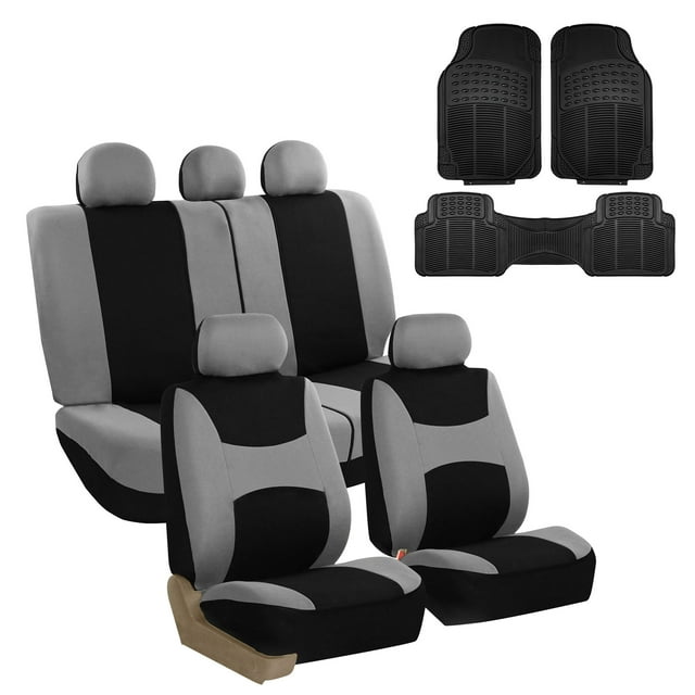 FH Group Housses de Siège de Voiture Légères et Aérées en Tissu Plat, Ensemble Complet avec Tapis de Sol en Vinyle Ajustables