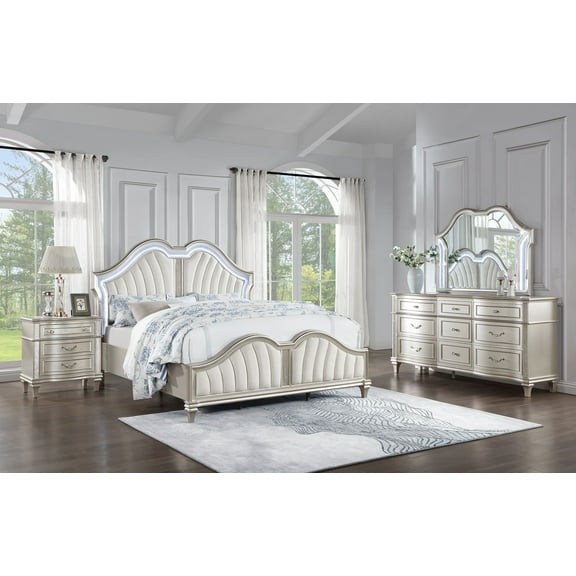 Coaster Company Evangeline 4-Piece Glam Upholstered Queen Bedroom Set, Silver