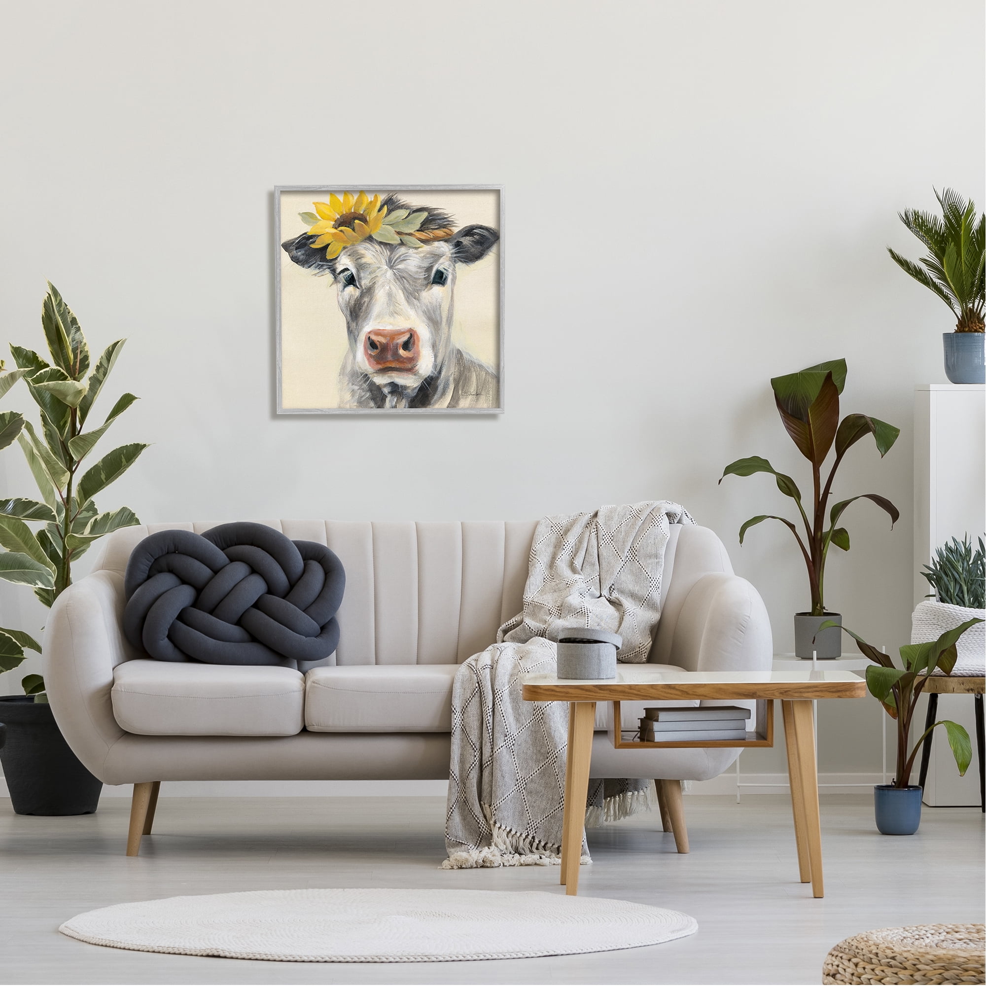 Stupell Industries Cow with Sunflower Crown Animals & Insects Painting Gray Framed Art Print Wall Art, 24 x 24