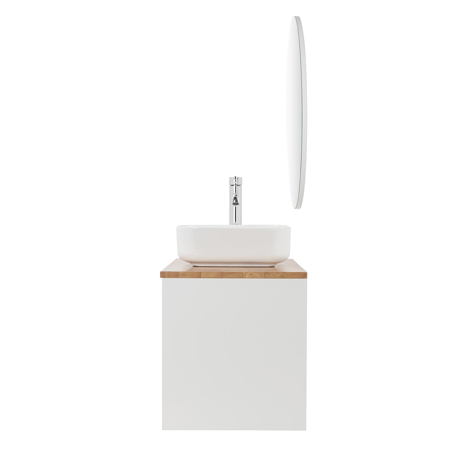 Demi Bonn 31" Double Drawer Wall-Mounted Bathroom Vanity with Solid Wood Natural Top, Square Art Ceramic Sink and Round Mirror, Faucets and Drains Not Included, White