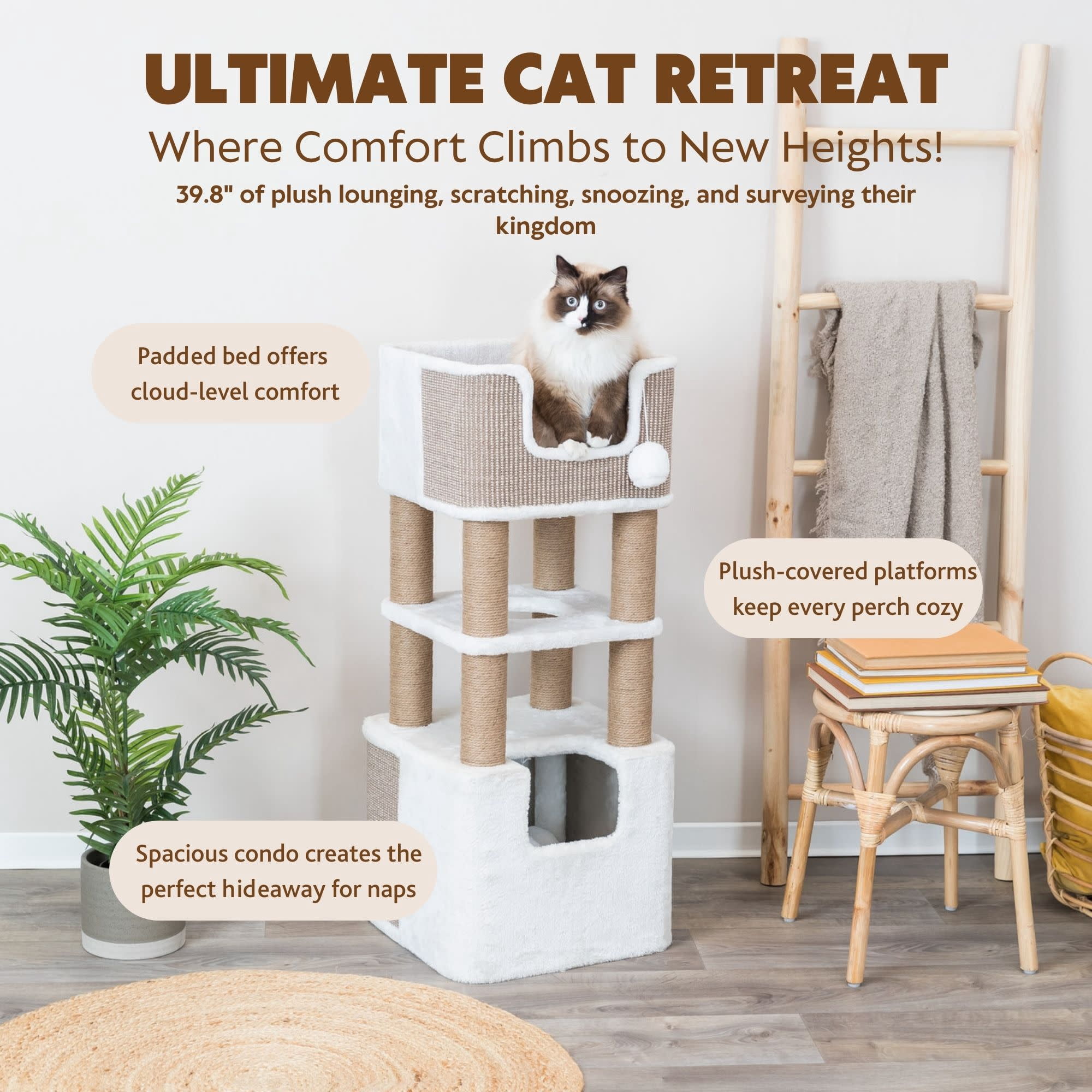 TRIXIE Lucano 39.8" Multi-Level Cat Tree with Sisal Scratching Posts, Condo & Hanging Cat Toy, Taupe