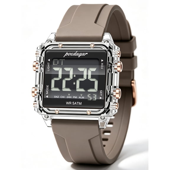 POEDAGAR Digital Sports Watch for Men, Waterproof Square Silicone Strap Outdoor Casual Electronic Wristwatch