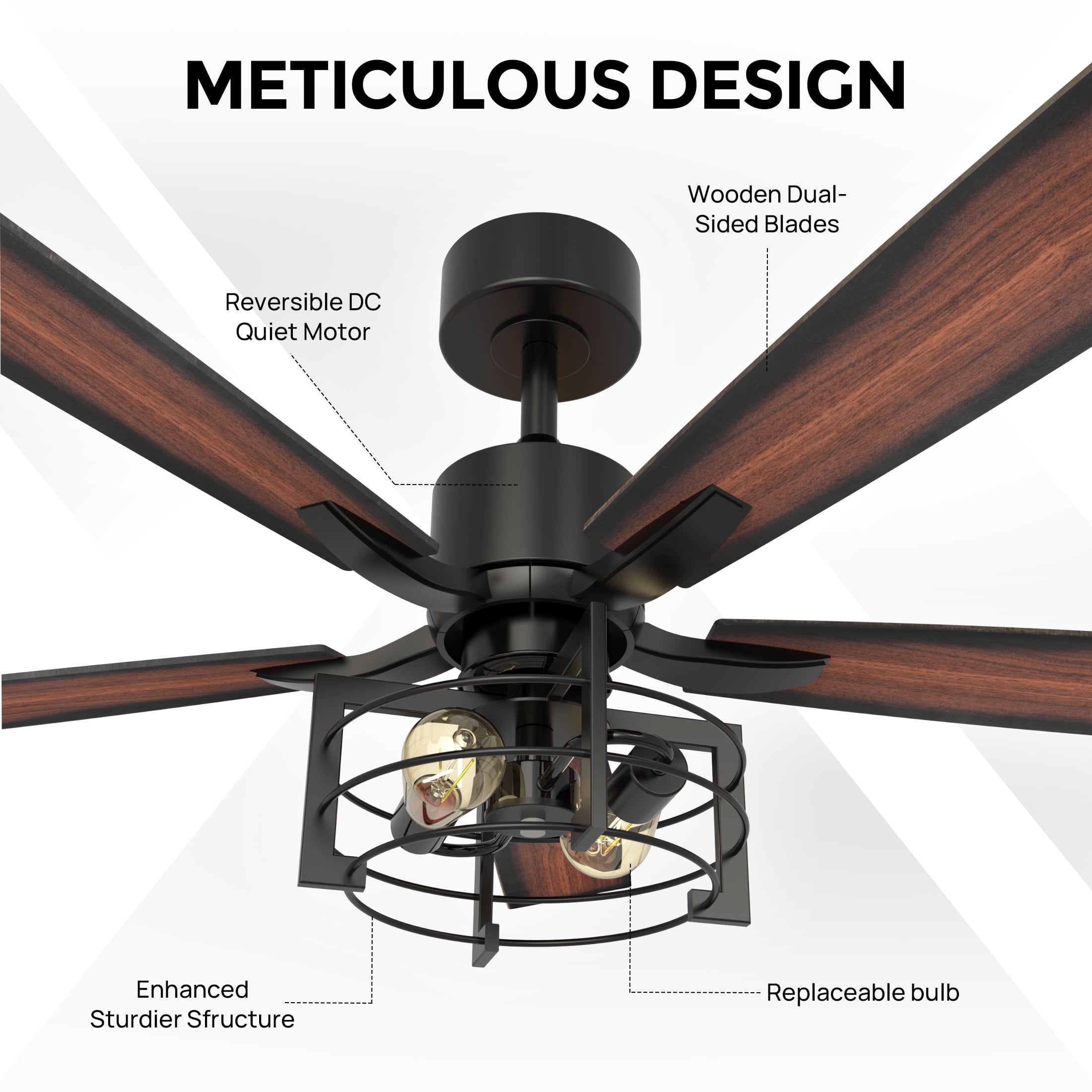 Consciot 52 Inch Ceiling Fans With Lights & Remote, Reversible Motor, Modern Farmhouse Caged Ceiling Fan, 5 Double Finish Wood Blades, Rustic Ceiling Fan For Porch, Living Rooms, Bedroom, Black