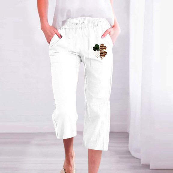 Elvqul Cotton Capris for Women Plus Size 4th of July Pockets Womens Capris Drawstring White XXL
