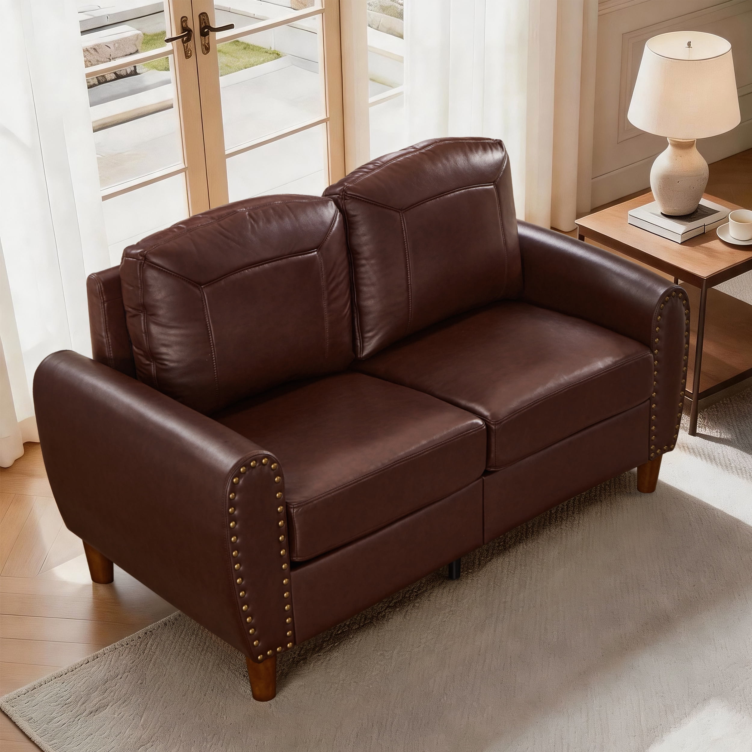 Mid-Century Modern Faux Leather Loveseat Sofa,59"W Classic Rolled Arm 2-Seater Sofa Couch with Brass Nailhead Trim & Solid Wood Legs,Apartment,Living Room Furniture,Burgundy