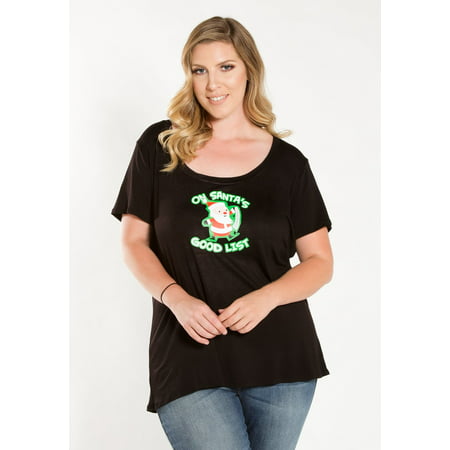 Sealed With A Kiss Designs Womens Plus Size Scoop Neck Short Sleeve Santa Good List Graphic