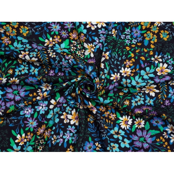 Blossoming Floral Viscose Challis Fabric Minerva Exclusive Blue - per yard