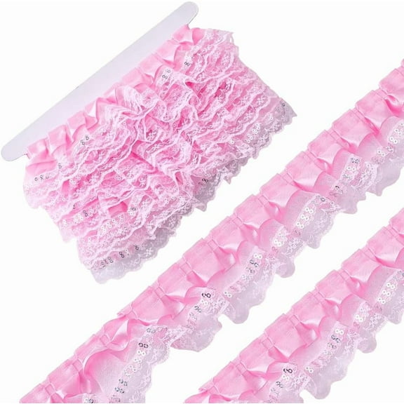 2 1/8 Inch Wide Pink Ruffle Pleated Lace Trim Sequin Bead 2 Layer Ruffled Edge Ribbon Polyester Organza Gathered Satin Fabric Trimming for Sewing Making Crafts Dresses Clothes Wedding Decor Pink DIY
