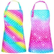 PASHOP 2 Pack Kids Apron Rainbow Mermaid Aprons With Pockets for Children Girls Boys Toddler Apron for Painting Cooking Baking