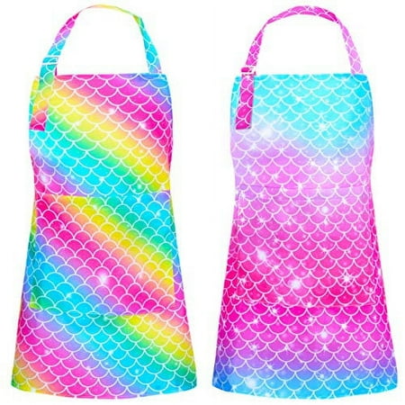 PASHOP 2 Pack Kids Apron Rainbow Mermaid Aprons With Pockets for Children Girls Boys Toddler Apron for Painting Cooking Baking