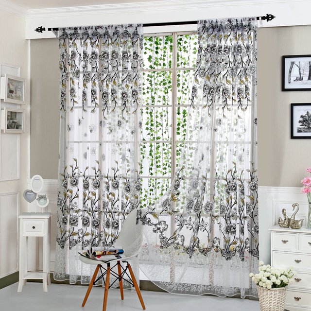 Cortinas transparentes con estampado floral de peonía para sala de estar, cortinas de tul con ojales y panel de gasa para dormitorio de niñas.