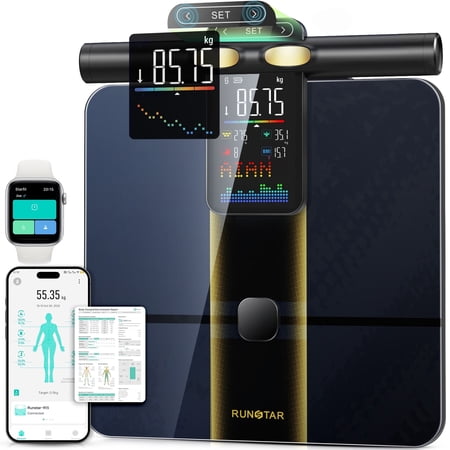 RunStar 8-Electrode Body Fat Scale, APP Sync 50+ Metrics, Offline SET-Function Handle, FSA/HSA, Large Display, 400lb, 12.2" x 12.2"