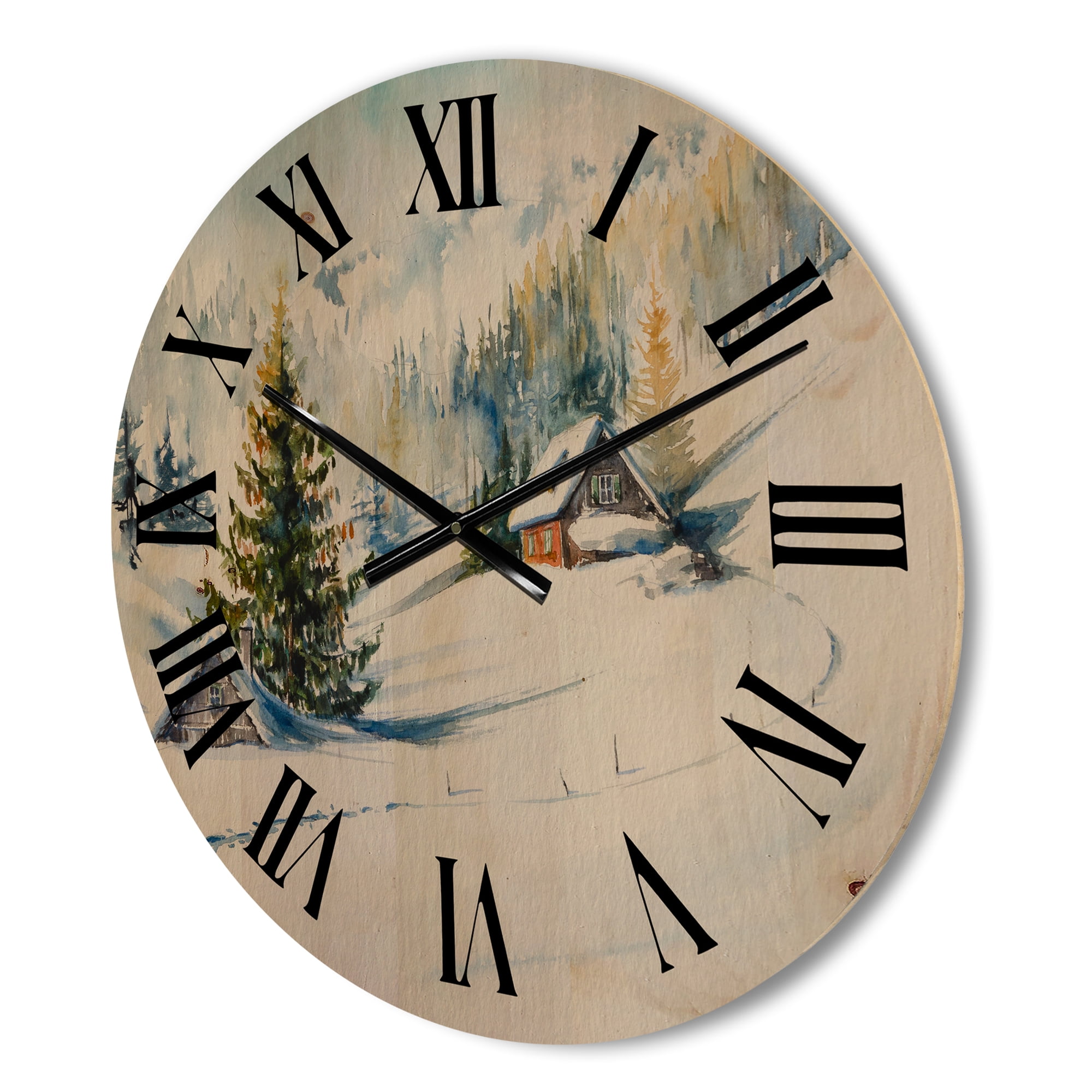 Designart 'The Winter Mountains With Little House' Traditional Wood Wall Clock