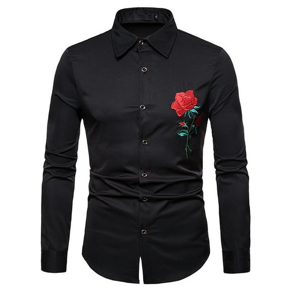 IROINNID Discount Long Sleeve Shirts for Men Loose Rose Embroidered Turndown Shirt Blouse,Black