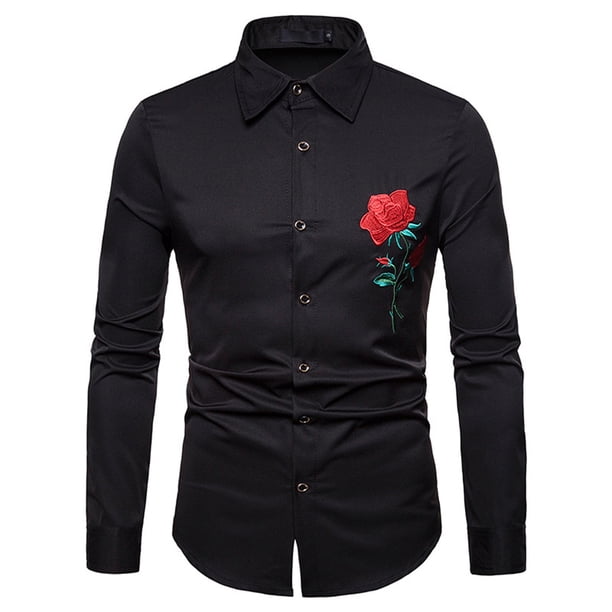 Blusa informal de manga larga con bordado de rosas para hombre Pompotops oipoqjl26484